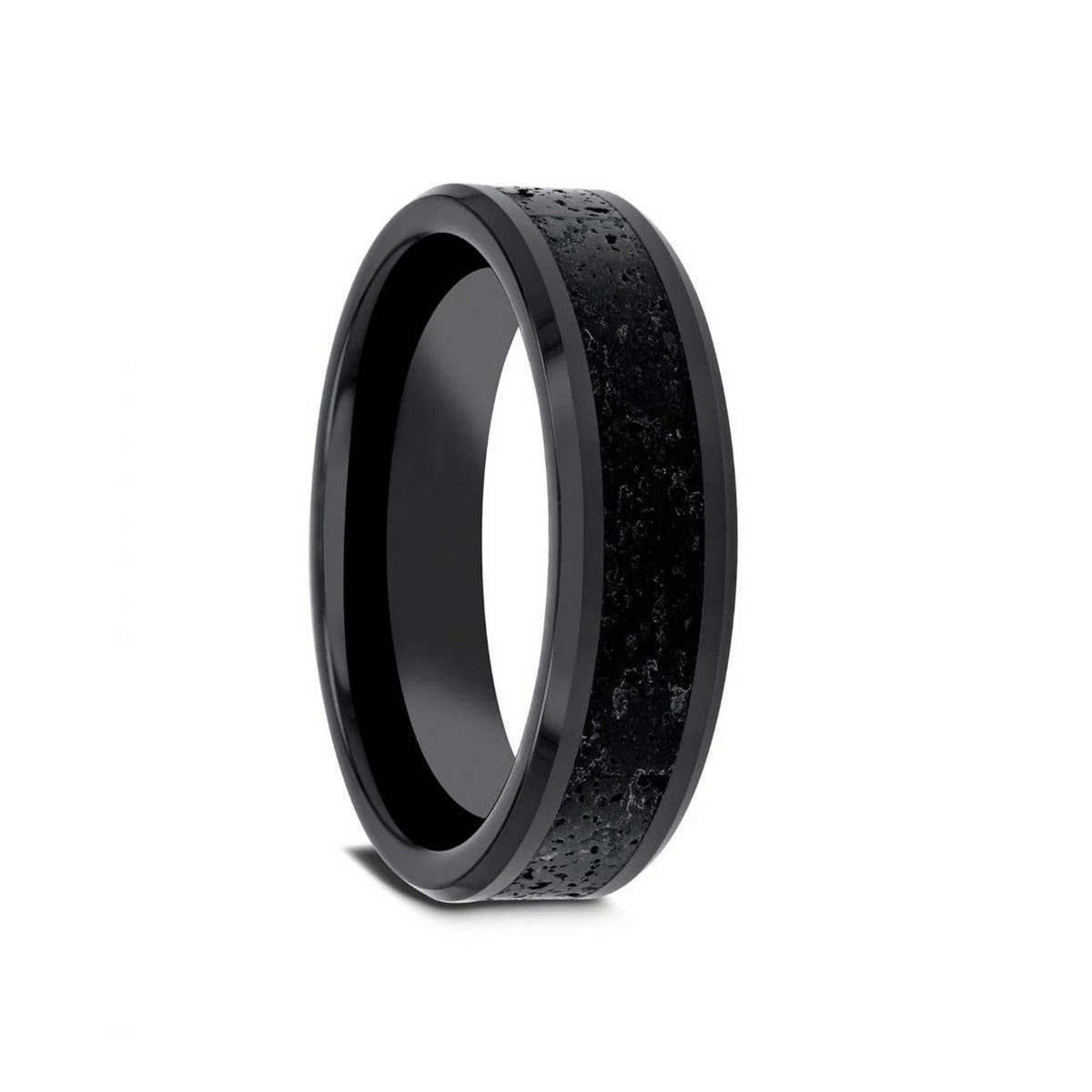 VESUVIUS Men’s Polished Black Ceramic Wedding Band with Black & Gray Lava Rock Stone Inlay & Polished Beveled Edges - 6mm & 8mm