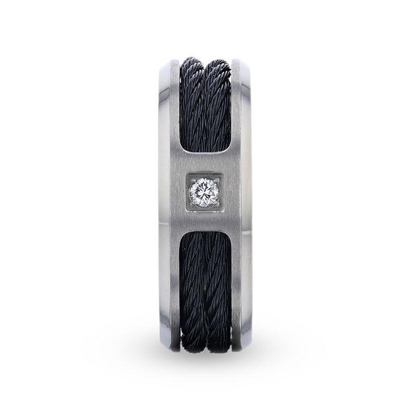 SECTOR Black Rope Cables Inlaid Brushed Finish Titanium Men's Wedding Ring with Diamond Centered And Beveled Polished Edges - 8mm