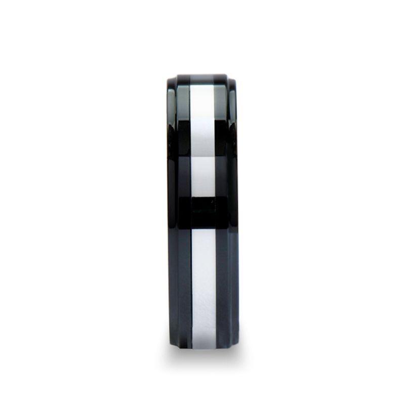HELSINKI Raised Center Black Ceramic with Tungsten Inlay Ring - 6mm & 8mm