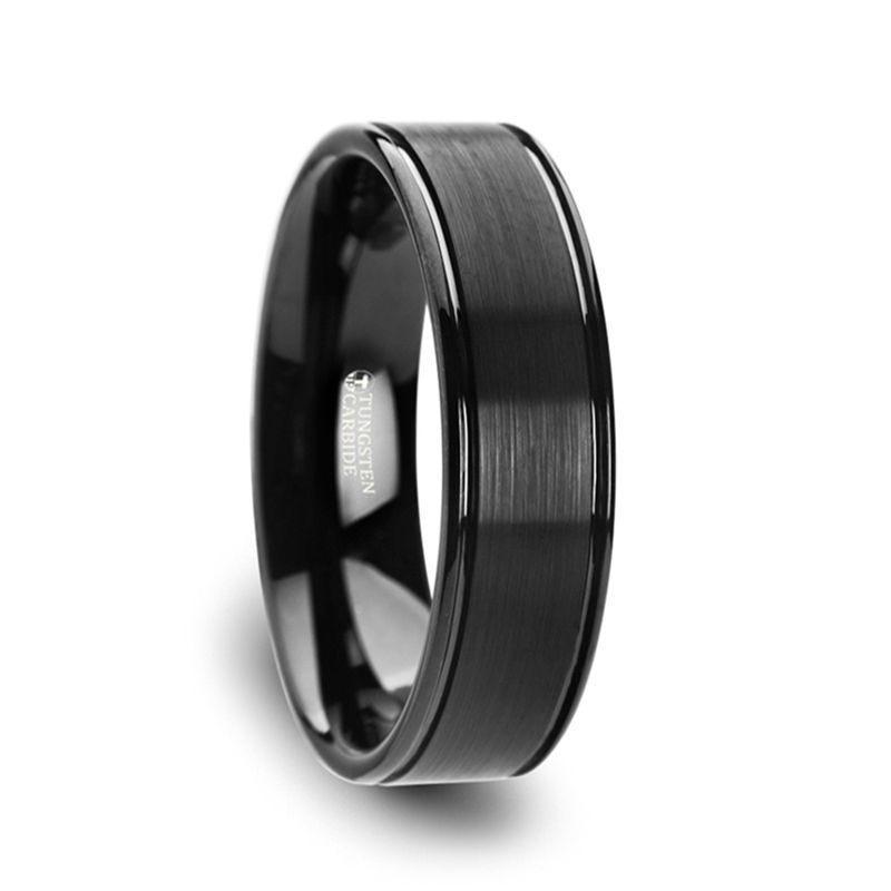TURNER Flat Brushed Finish Center Black Tungsten Carbide Wedding Band with Dual Offset Grooves and Polished Edges - 6mm & 8mm