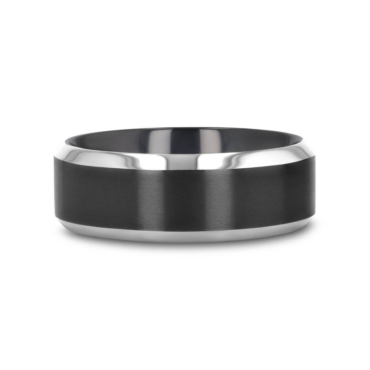 ATNOS Brushed Black Center Polished Beveled Edges Men’s Titanium Wedding Ring - 6mm & 8mm