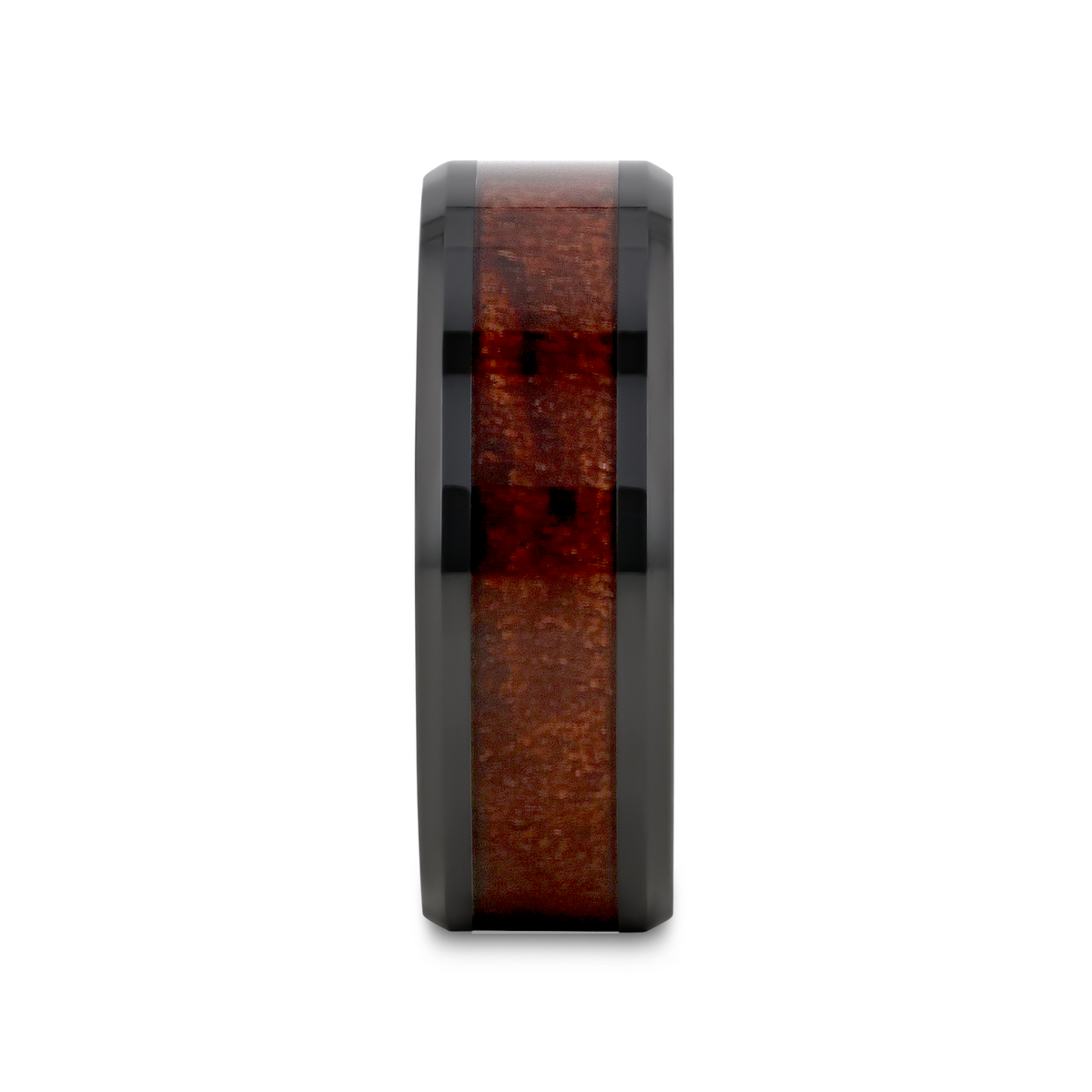 BENNY Black Ceramic Polished Beveled Edges Men’s Wedding Band with Bubinga Wood Inlay - 8mm