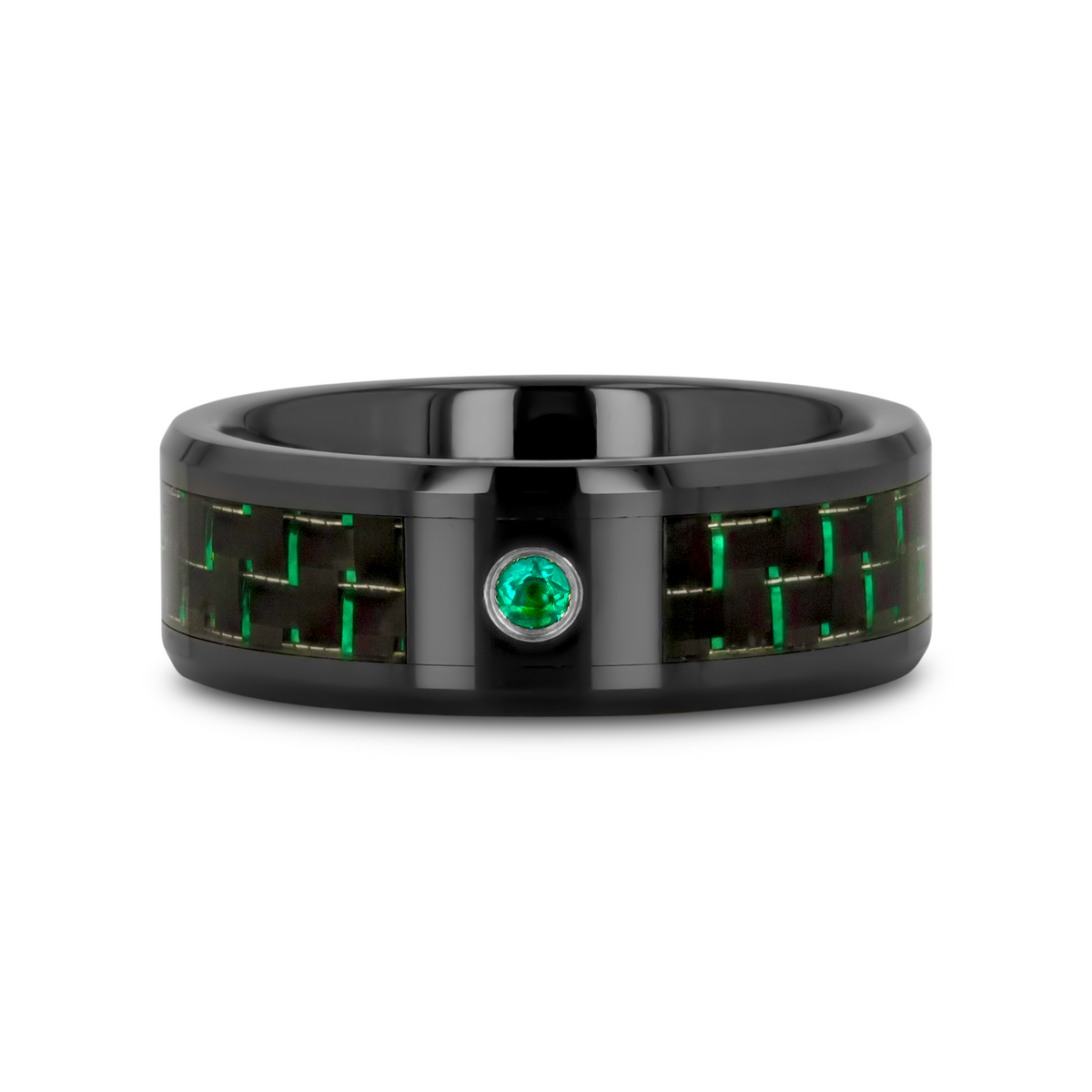 HADAR Black Ceramic Ring with Black and Green Carbon Fiber and Green Emerald Setting - 8mm