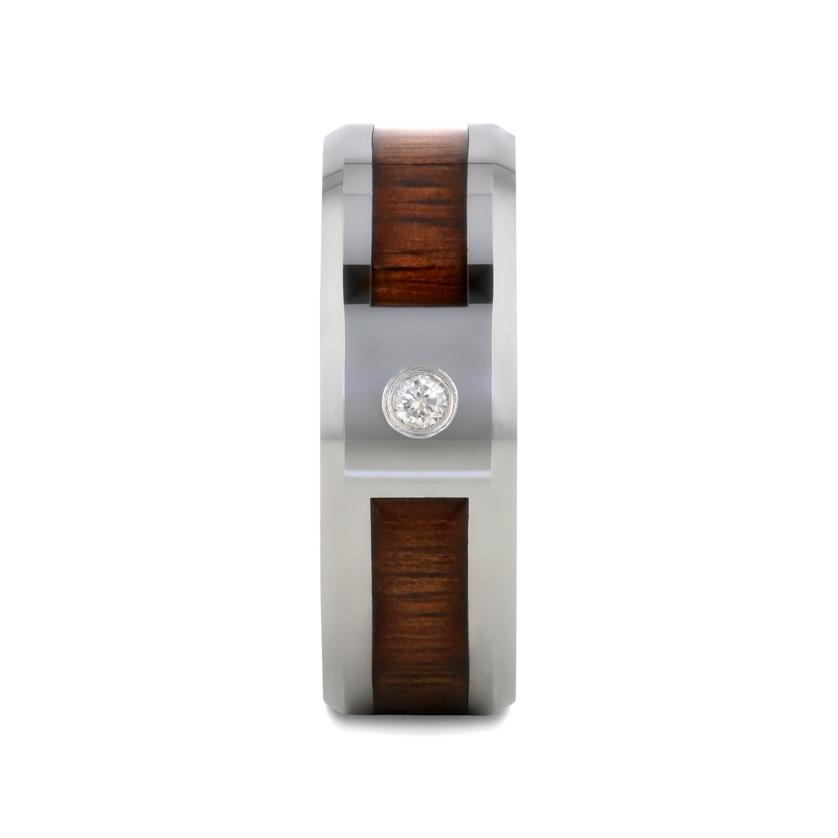 KAHUNA Tungsten Carbide Beveled Edged Diamond Wedding Band with Koa Wood Inlay & Polished Edges - 8mm