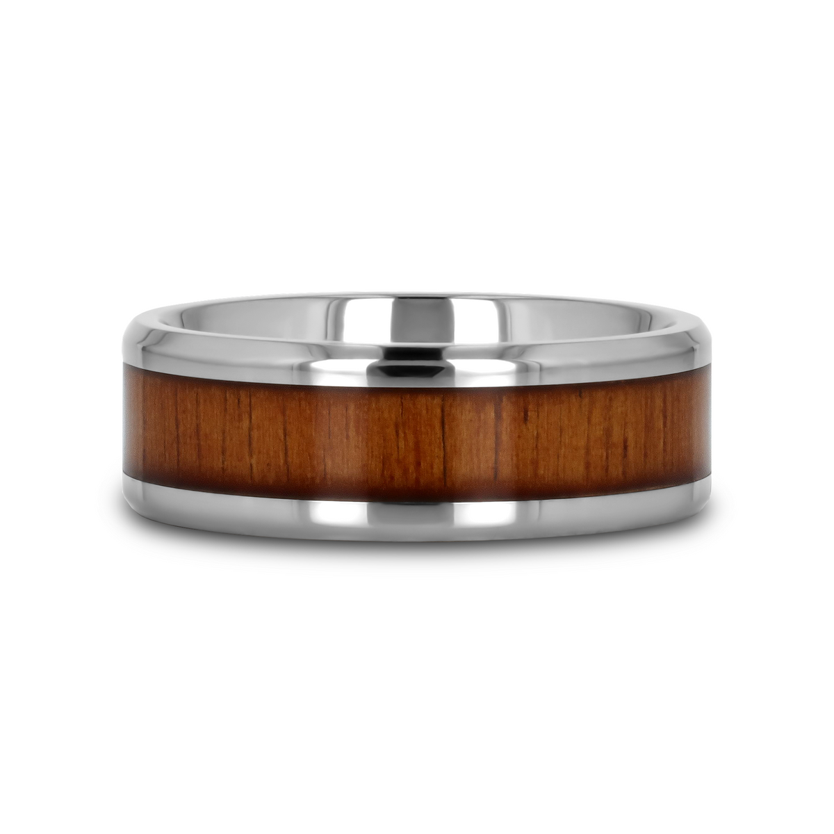 KOAN Titanium Polished Finish Koa Wood Inlaid Men’s Wedding Ring with Beveled Edges - 6mm & 8mm