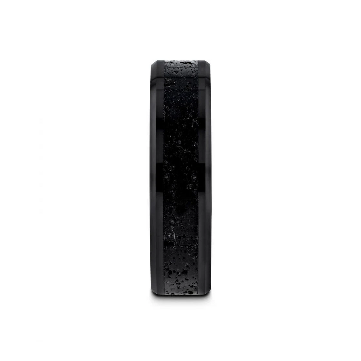 VESUVIUS Men’s Polished Black Ceramic Wedding Band with Black & Gray Lava Rock Stone Inlay & Polished Beveled Edges - 6mm & 8mm