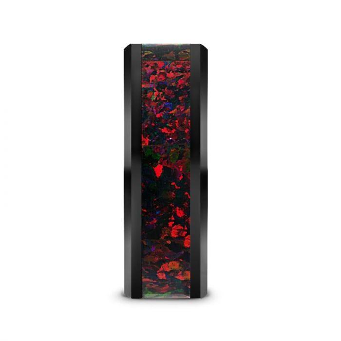 MATRIX Black Ceramic Polished Beveled Edges Men’s Wedding Band with Black Opal Inlay - 8mm