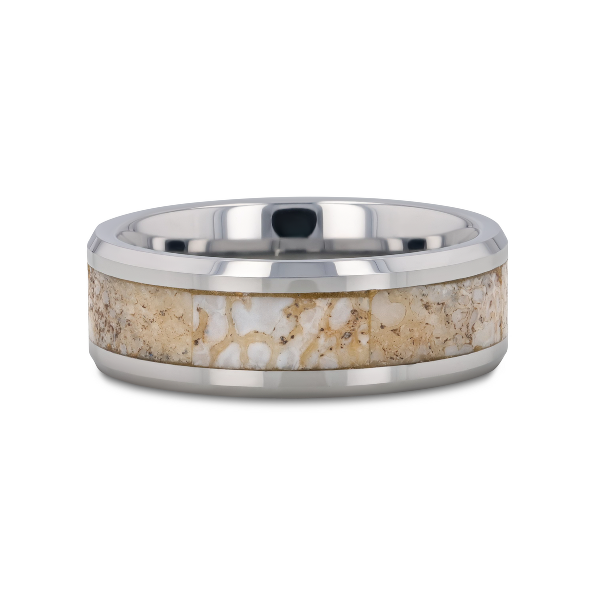 MESOZOIC Men’s Tungsten Flat Beveled Wedding Ring with White Dinosaur Bone Inlay - 4mm or 8mm
