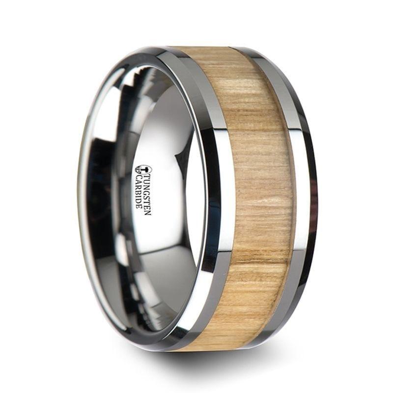 SAMARA Tungsten Ring with Polished Bevels and Real Wood Ash Wood Inlay - 6mm - 10mm